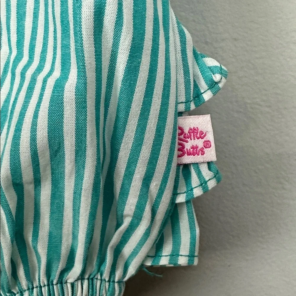 NWT Ruffle Butts Bella Aqua Blue Stripe Bubble Romper W/ Headband Sz 6-12M